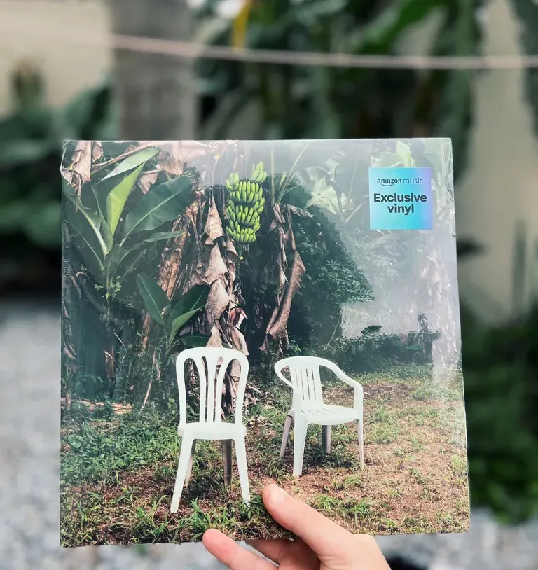 Vinil com uma capa de cadeiras de plástico num jardim